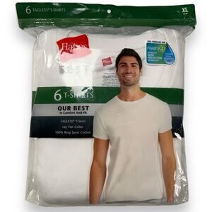Hanes Best Tagless T-Shirt Size XL Lay-Flat Collar Tagless Cotton White 6 Pack